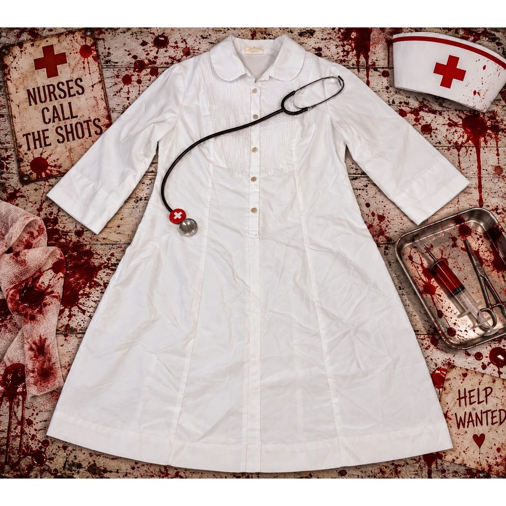 Vintage Nurse Costume Dress White Pleated Bib Halloween Bloody Nurse Cosplay S